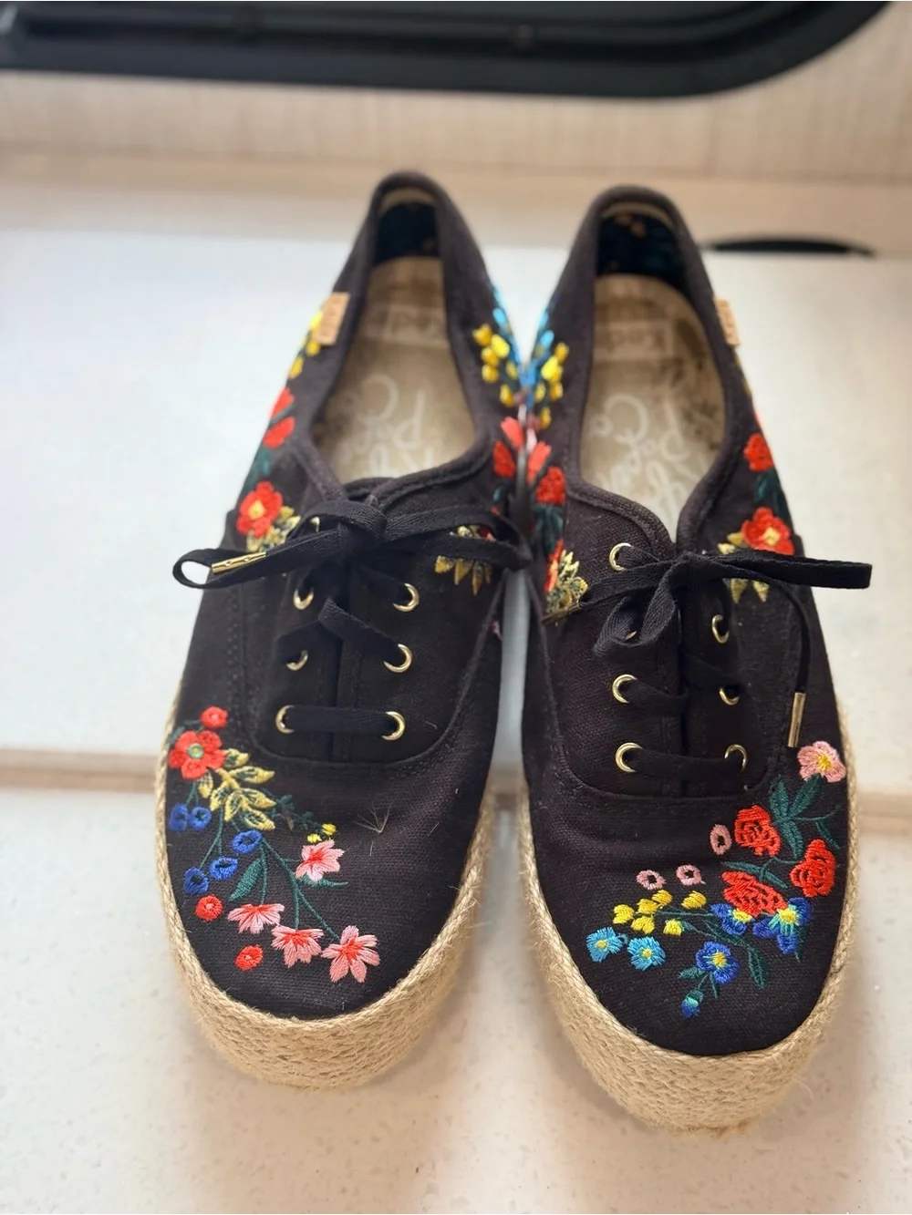 Keds Black Espadrille Sneakers with Multicolor Floral Embroidery
